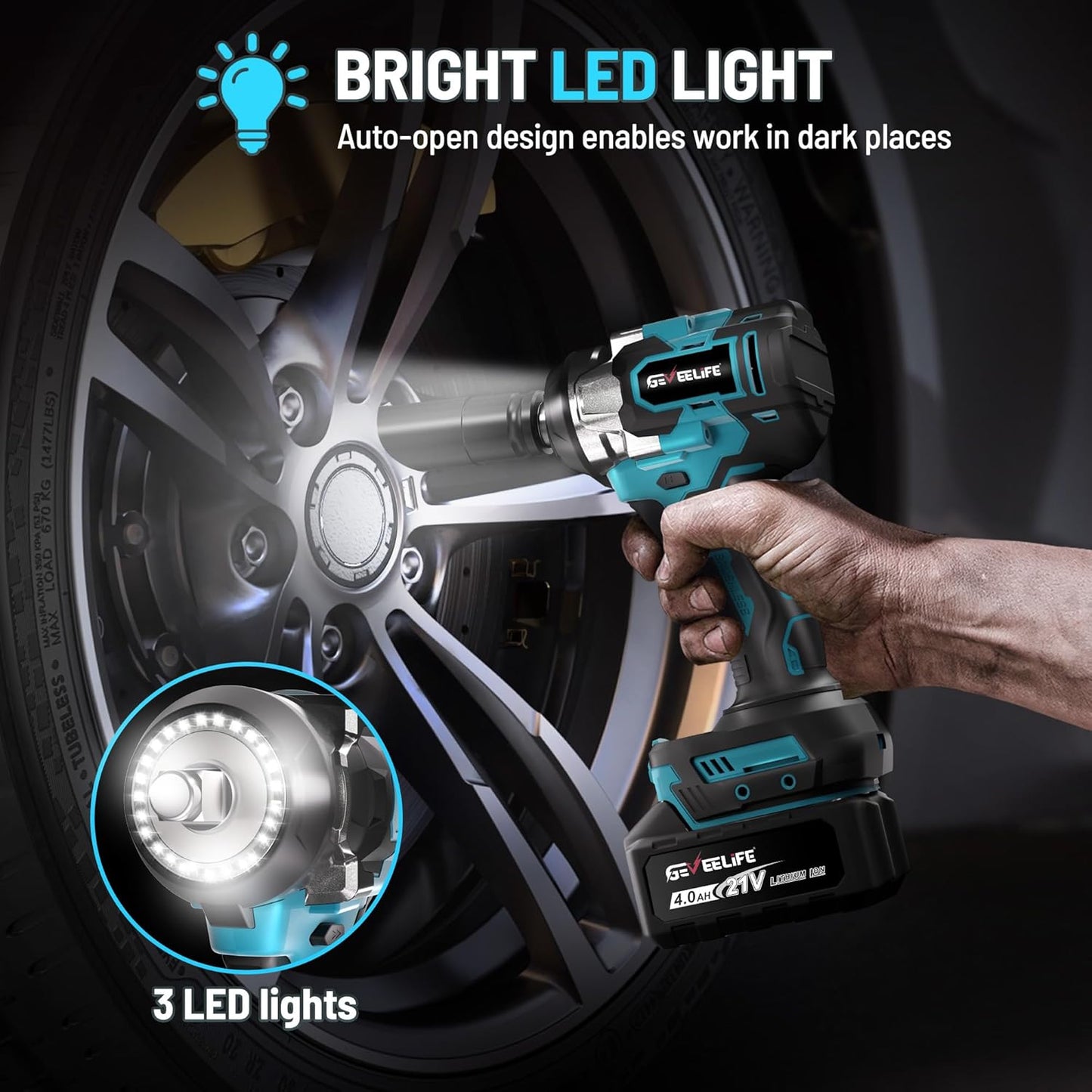 650N.m/480Ft-lbs Brushless Impact Wrench,1/2" Cordless, 2x4.0Ah Battery &amp; 6 Sockets, 3300RPM