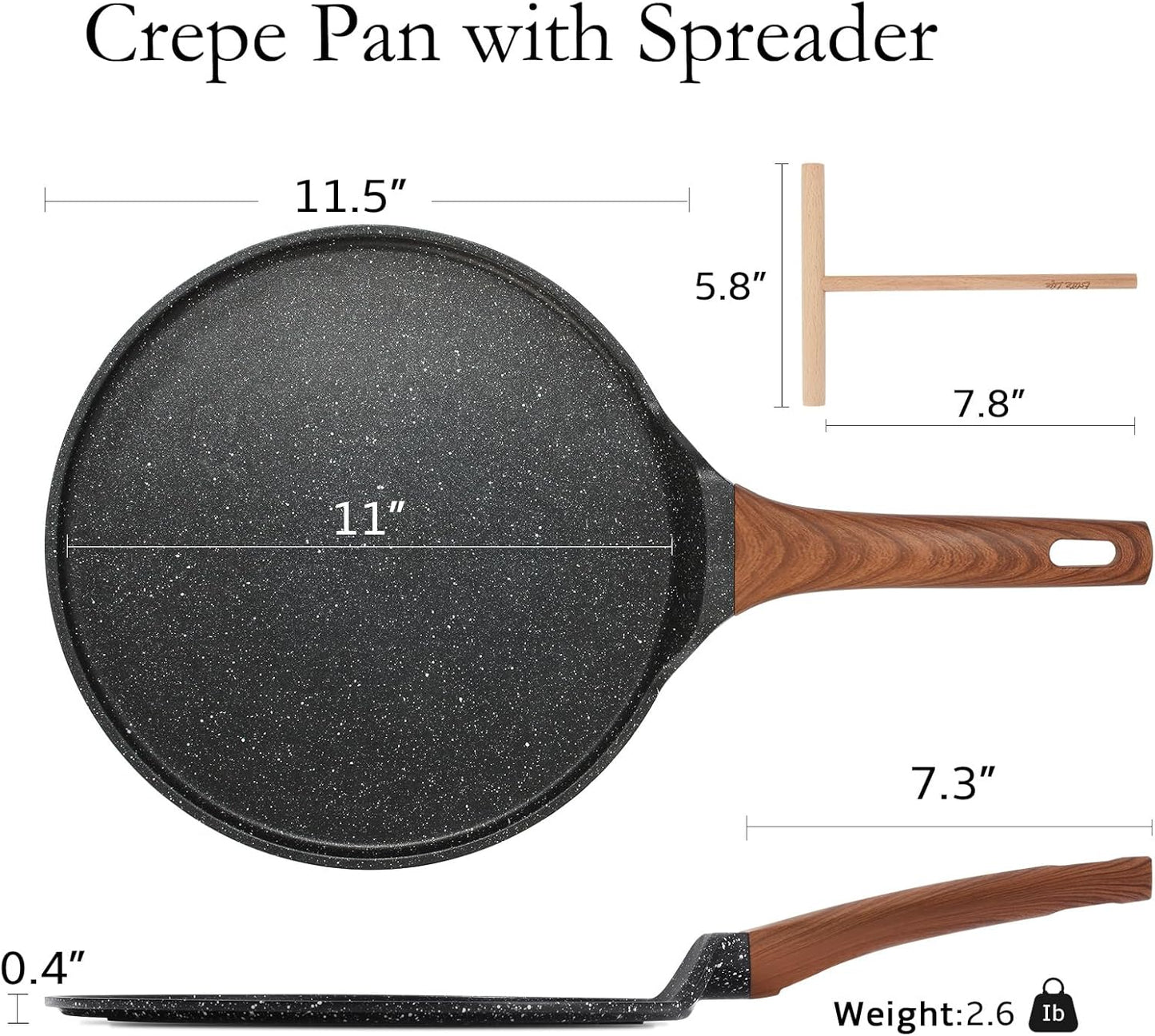 11 In Crepe Pan, Spreader, Nonstick Granite Coating, Induction Compatible, PTFE &amp; PFOA Free