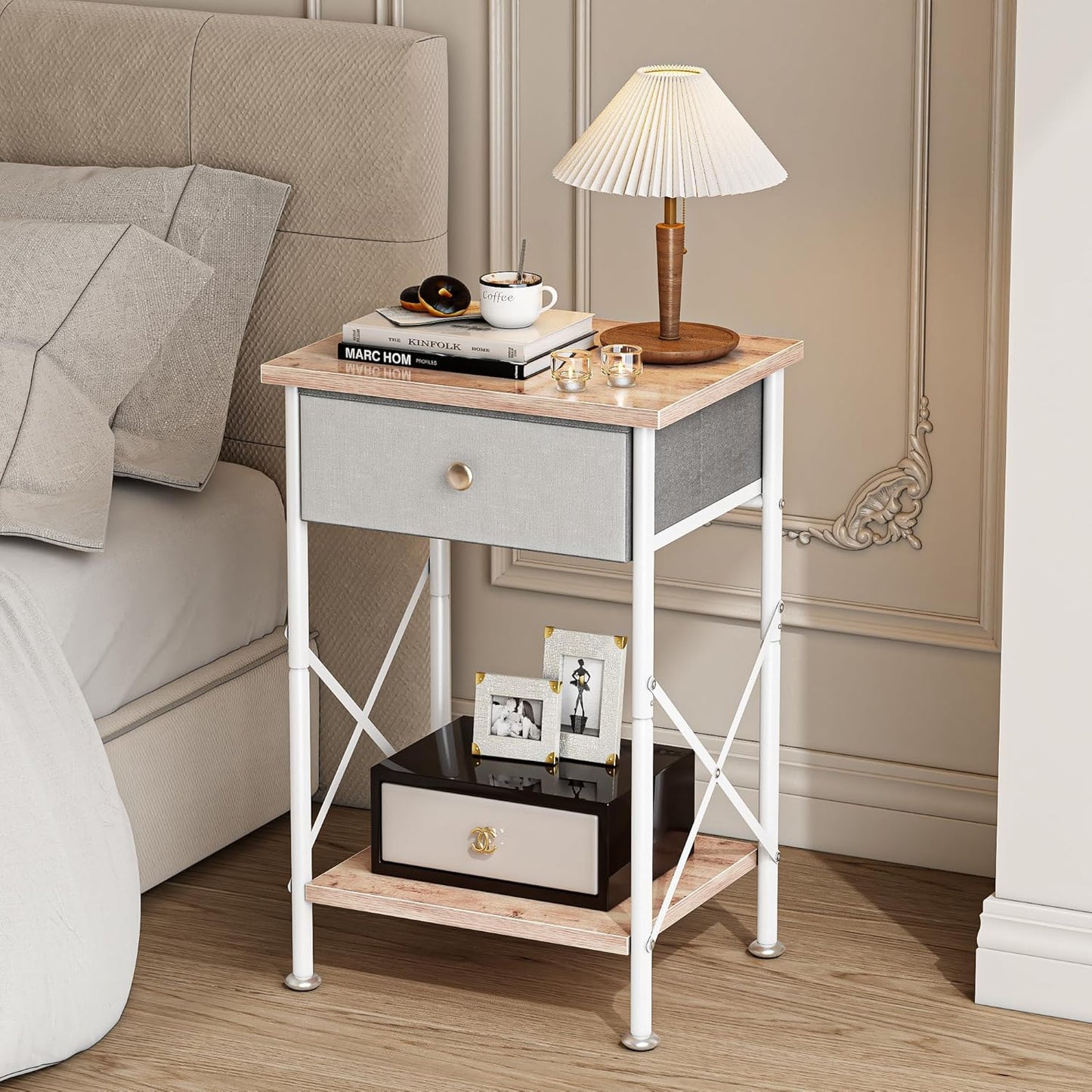 End Tables, Nightstand, Fabric Drawer &amp; Open Shelf, Industrial Metal Frame, Easy Assembly