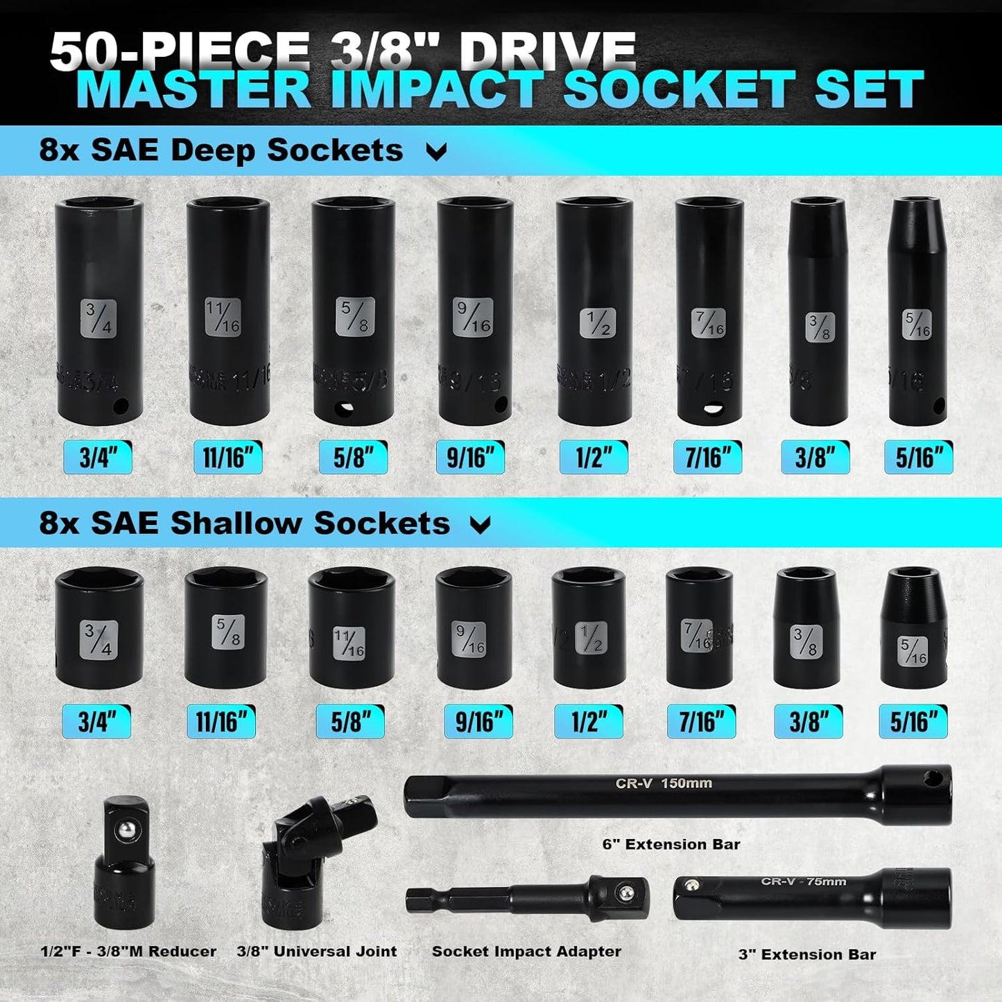 Impact Socket Set, 3/8 inch 50 Pcs, Standard SAE (5/16 to 3/4 inch) and Metric (8-22mm) 6 Point