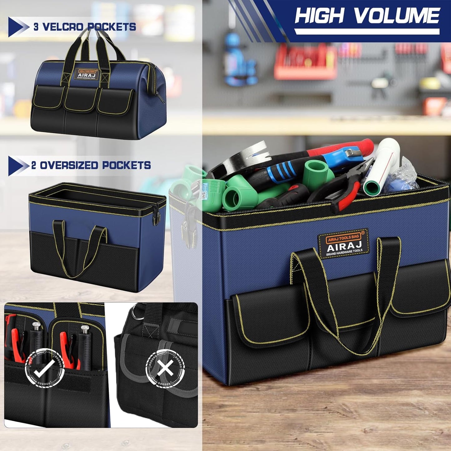 Tool Bag 2-Pack Set 18" &amp; 16" Wide Mouth Tool Organizer for Garage Storage,Professional