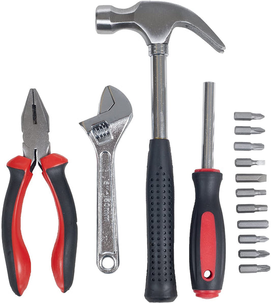 Household Hand Tools, Tool Set - 15 Piece -- Hammer, Wrench, Screwdriver, Pliers - Red