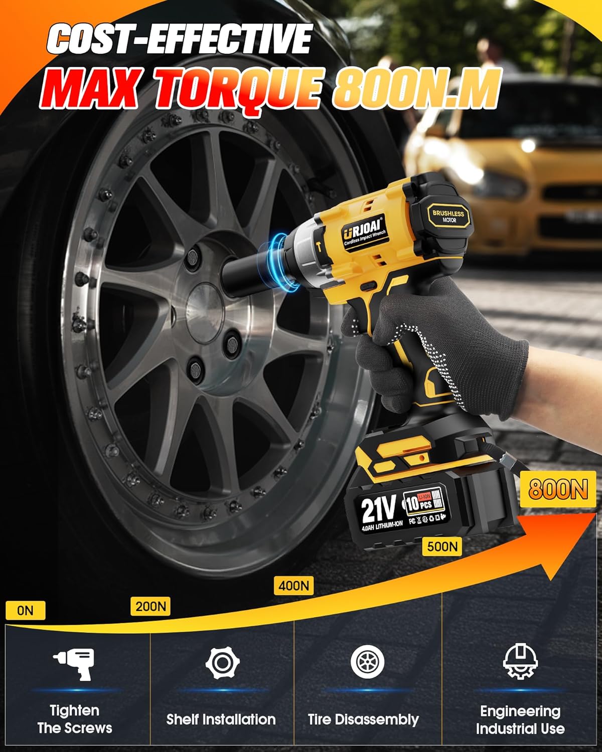 Cordless Impact Wrench 590Ft-lbs (800N.m) Brushless 1/2 in, 3300RPM High Torque, 2x 4.0Ah Battery