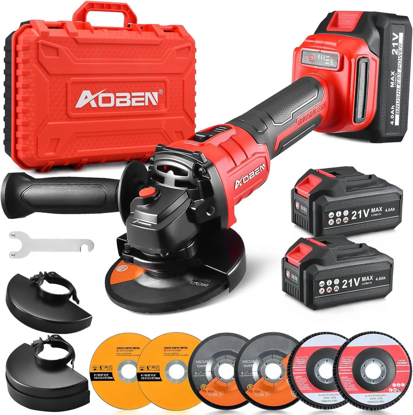 21V Cordless Angle Grinder 4-1/2 In, Brushless Motor, 2x4.0Ah Battery &amp; Charger
