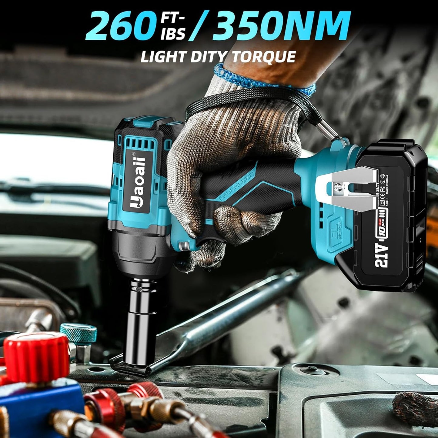 21 V Cordless Impact Wrench, 265Ft-lbs (350N.m) 1/2 Inch, 2x 4.0Ah Batteries, Bits, Impact Driver