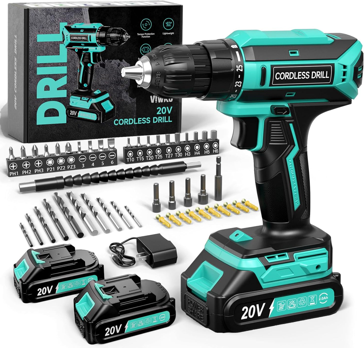 20V MAX Cordless Drill, 2 Batteries &amp; Charger, 3/8 In Keyless Chuck, Variable Speed, 25+1 Position &amp; 56PCS Bits