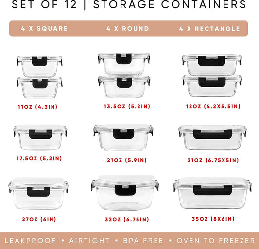 12 Airtight, Freezer Safe Food Storage Glass Containers and 12 Lids