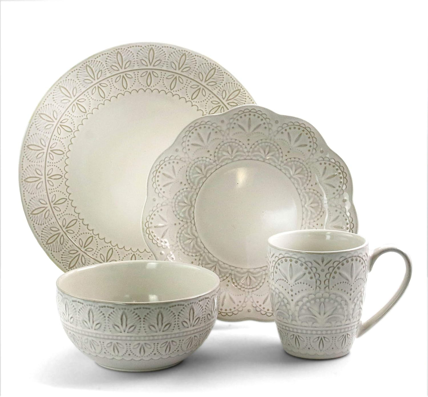 Elegant Round Embossed Stoneware high Class Dinnerware Dish Set, 16 Piece, White