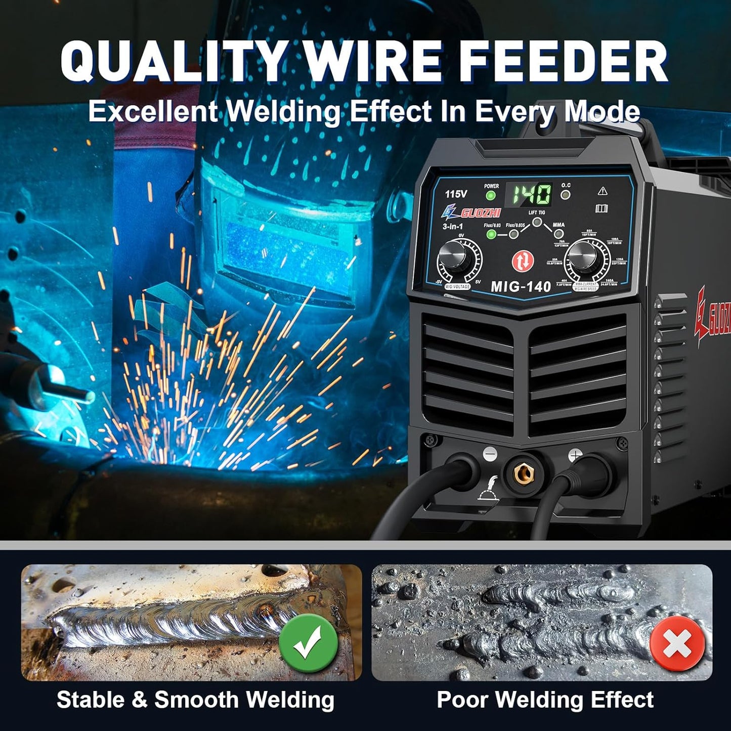 140A MIG Welder, 3 in 1 Welder FLUX MIG/ARC/Lift TIG Multi-Process, 110V, Flux Core, Welding Gun