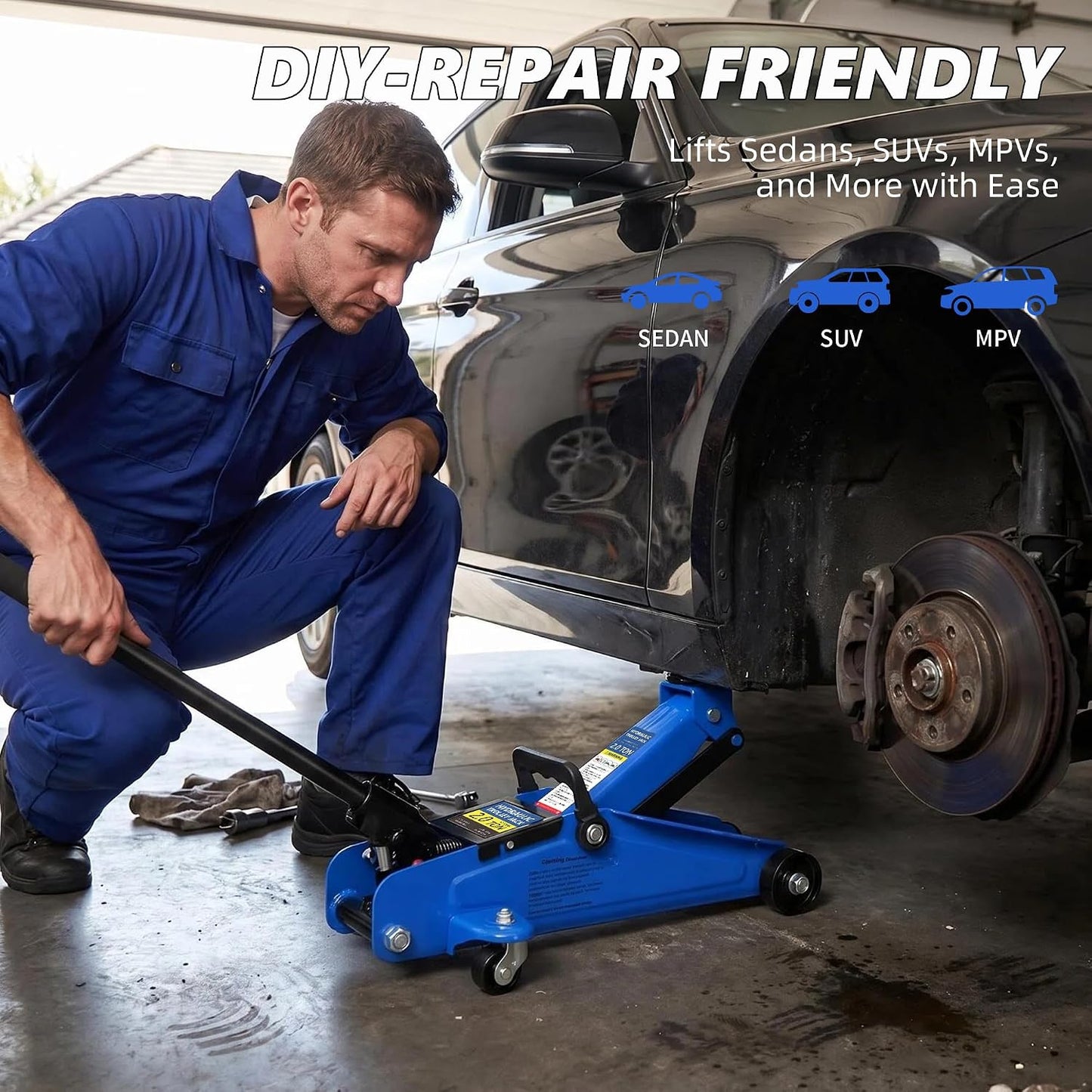 2 Ton Low Profile Floor Jack, Tire Kit, Gloves &amp; Bag, Steel jack, 5.3"-13" lift Overload valve
