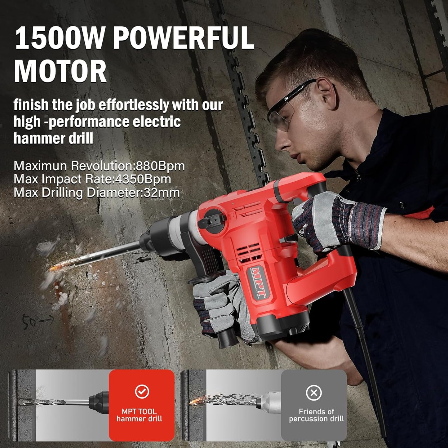 1-1/4In SDS-Plus 13 Amp Heavy Duty Rotary Hammer Drill, Concrete, 5 Bits, Point Chisel, Flat Chisel