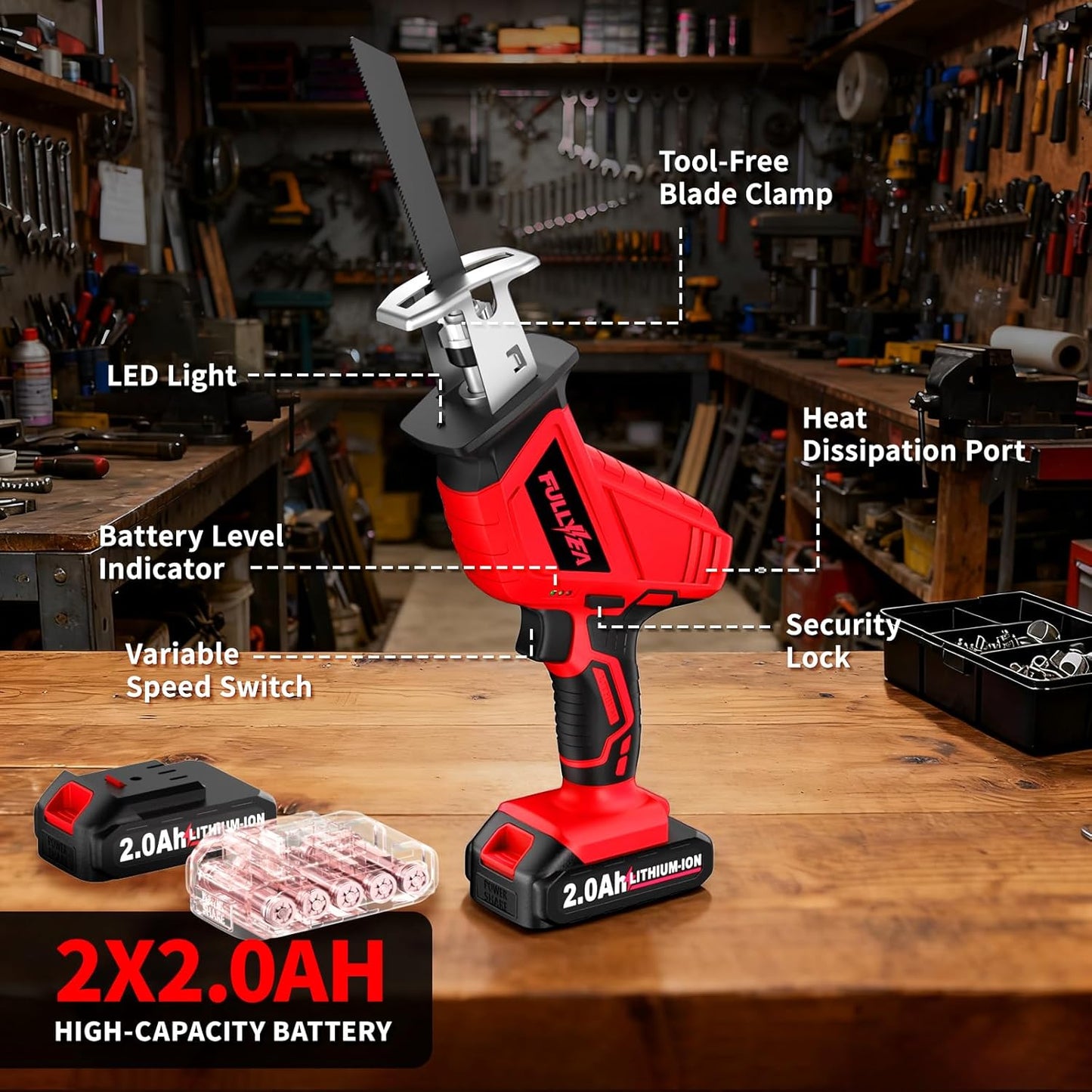 Reciprocating Saw Cordless, 0-3500SPM Variable Speed 2*2.0Ah Battery &amp; 4 Saw Blades