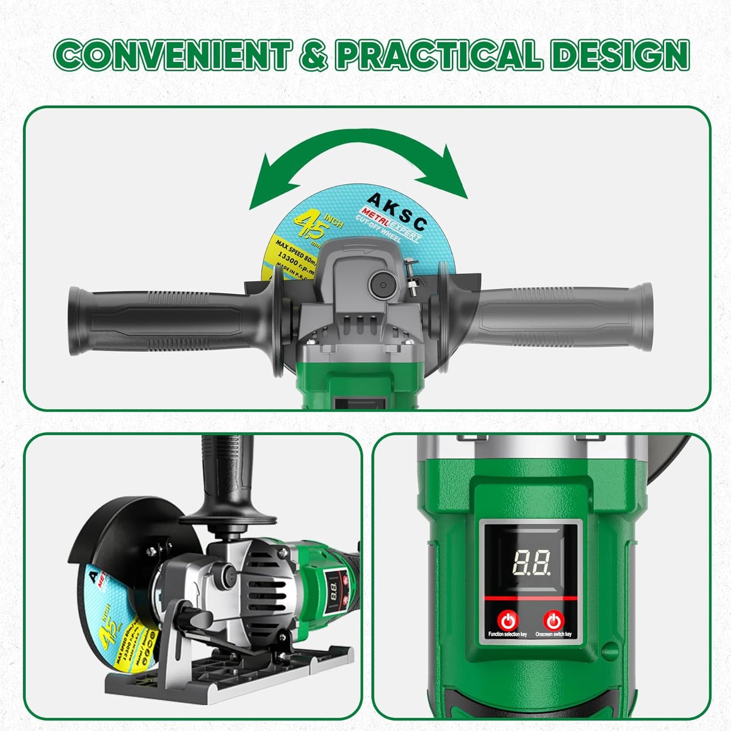 20V Cordless Battery Angle Grinder Tool 4-1/2In, Brushless 2x4.0Ah Batteries, 3 Variable Speed