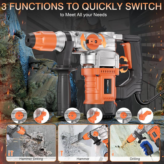 1-1/4 In SDS-Plus 13 Amp Heavy Duty Rotary Hammer Drill, Safety Clutch 3 Functions,VibrationControl