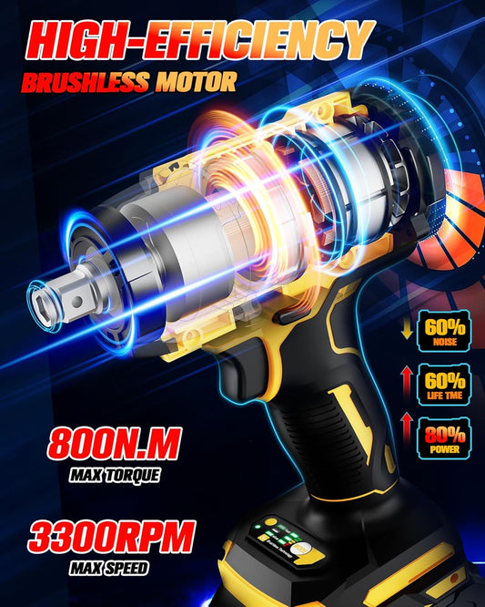 Cordless Impact Wrench 590Ft-lbs (800N.m) Brushless 1/2 in, 3300RPM High Torque, 2x 4.0Ah Battery