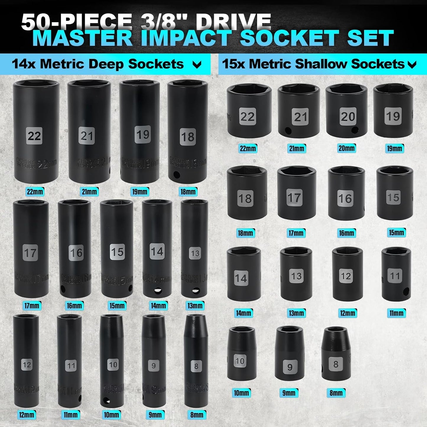Impact Socket Set, 3/8 inch 50 Pcs, Standard SAE (5/16 to 3/4 inch) and Metric (8-22mm) 6 Point