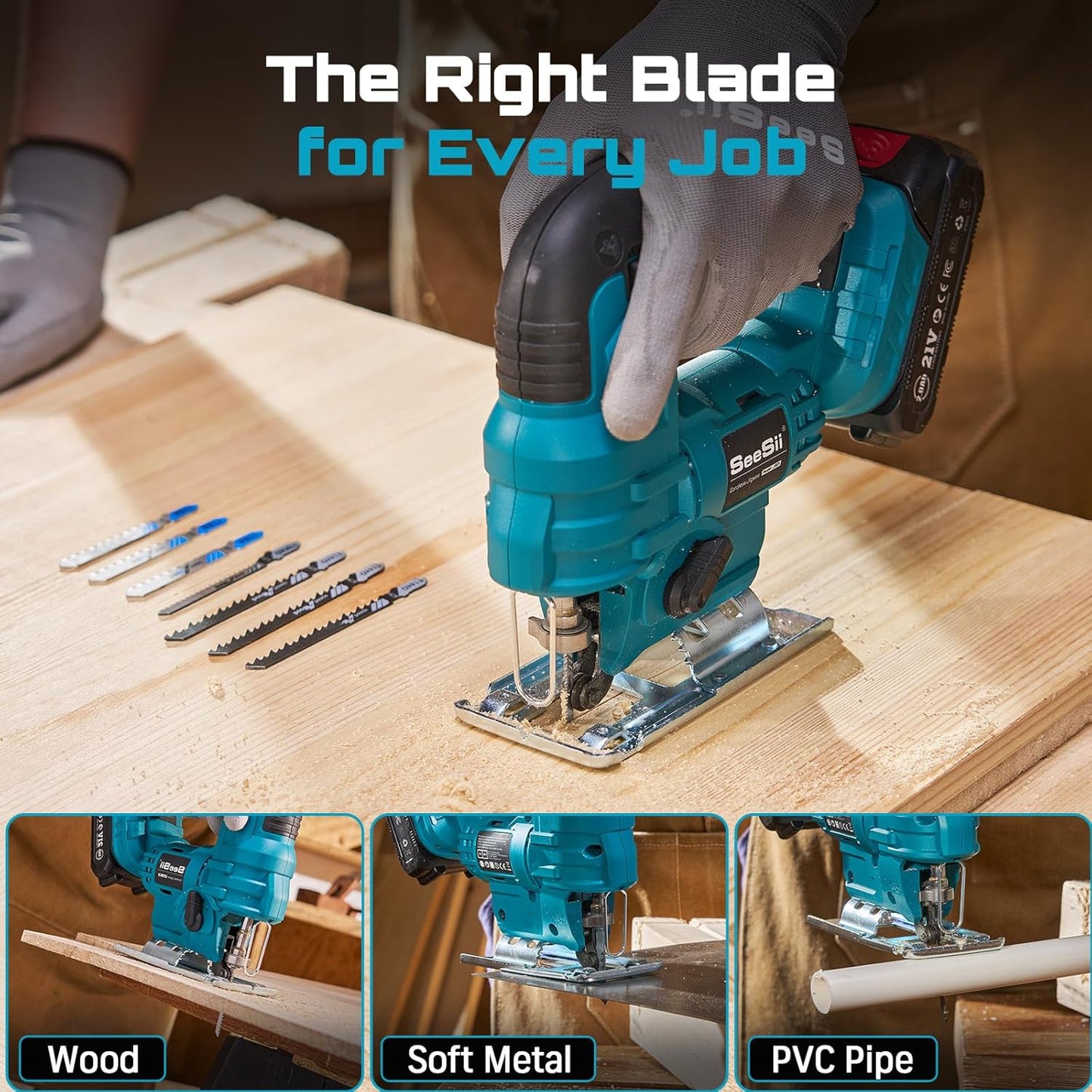 21V Cordless Jigsaw, 2×2.0AhBattery, 0°-45°Bevel Cuts, 4 Orbital Settings, 2800SPM Variable Speed