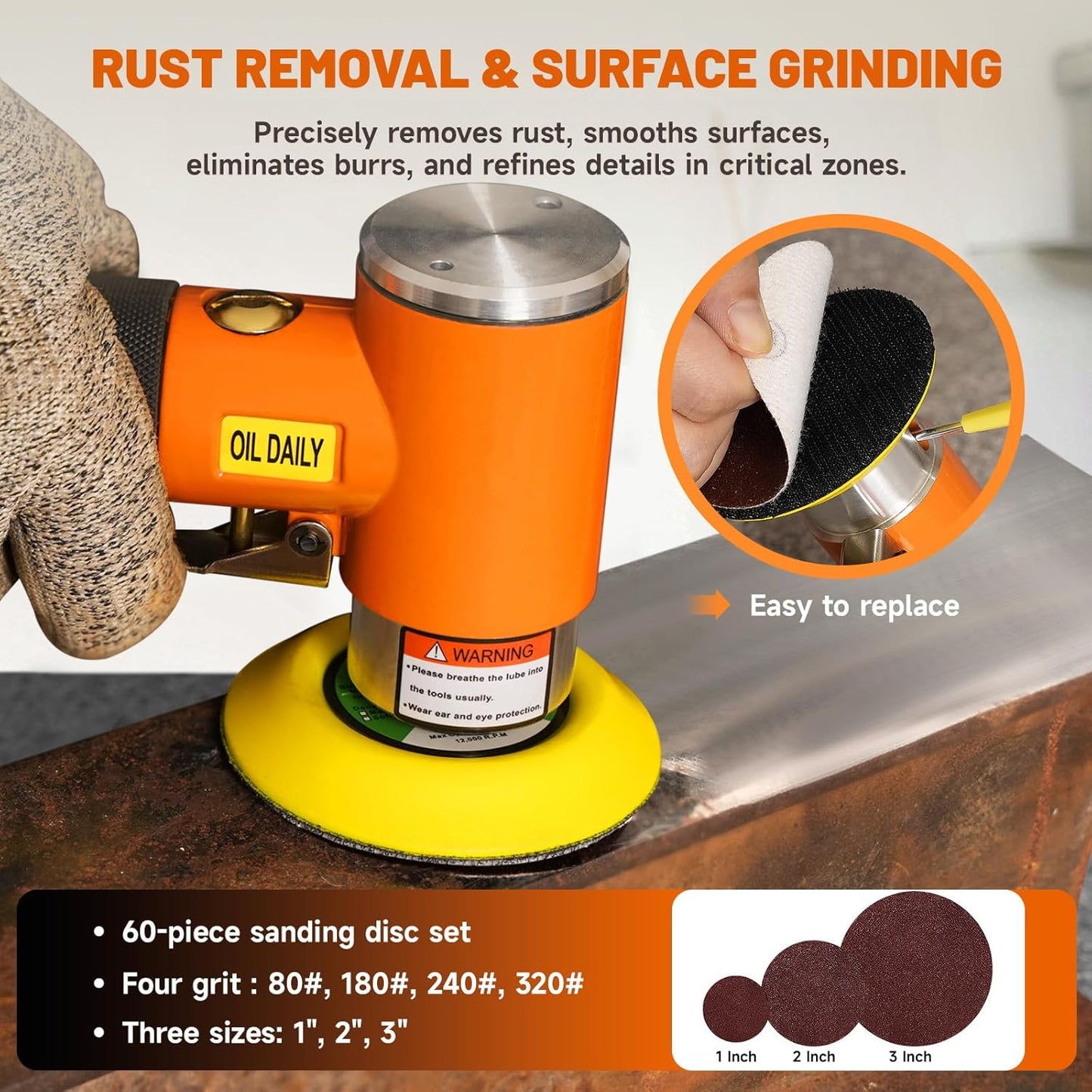1/2/3 In Mini Random Orbital Air Pneumatic Sander Kit, Auto Body Work, 60Pcs 1"2"3" Hook&amp;Loop