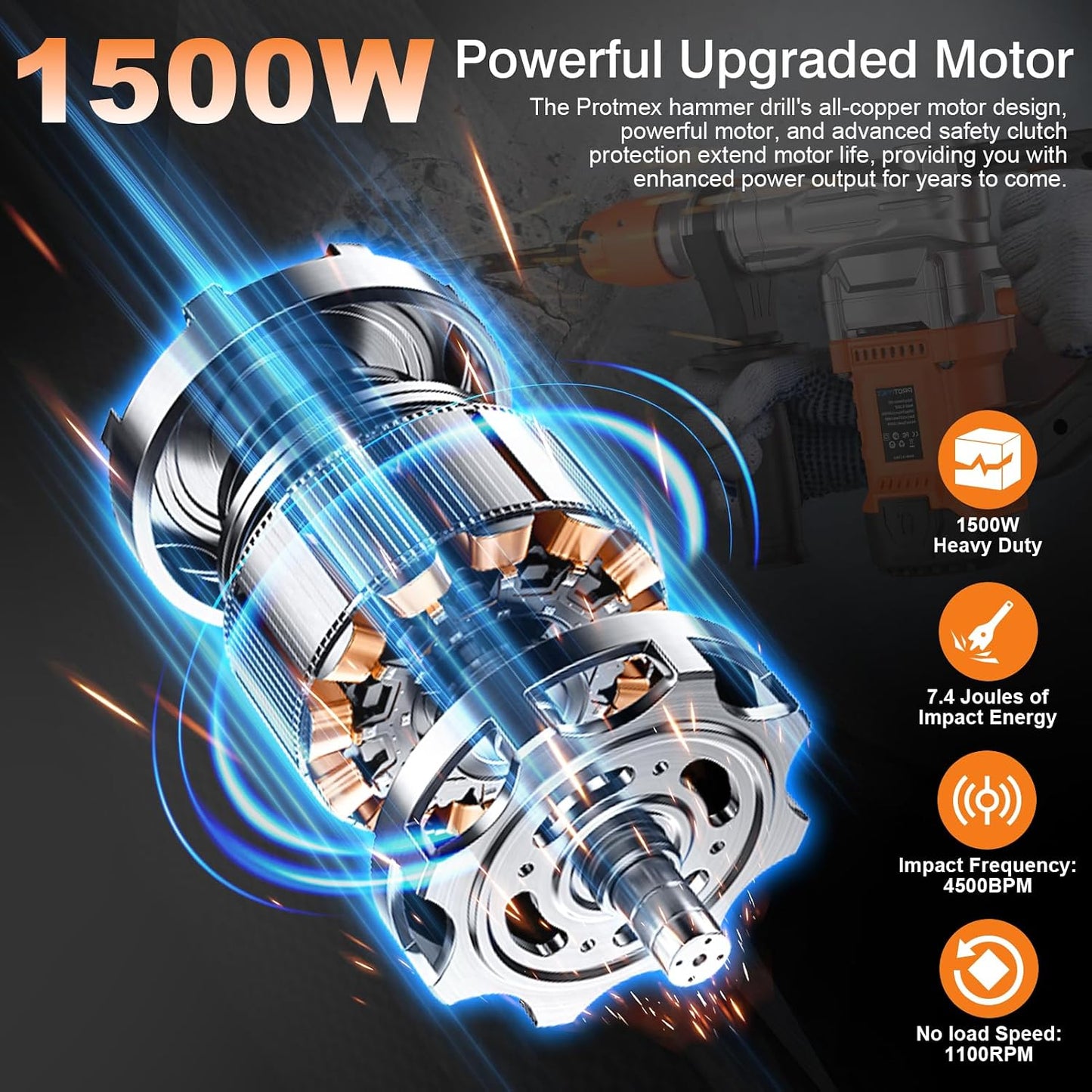 1-1/4 In SDS-Plus 13 Amp Heavy Duty Rotary Hammer Drill, Safety Clutch 3 Functions,VibrationControl