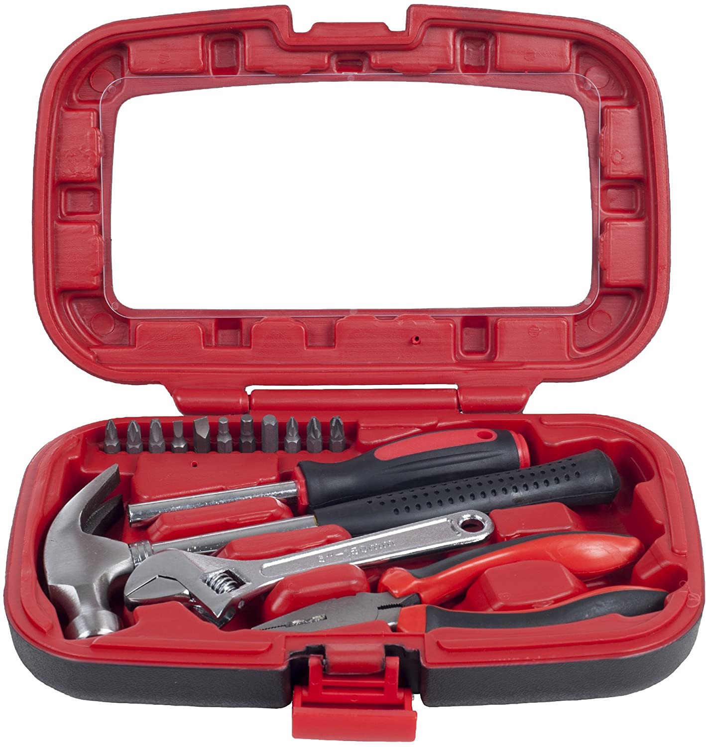 Household Hand Tools, Tool Set - 15 Piece -- Hammer, Wrench, Screwdriver, Pliers - Red