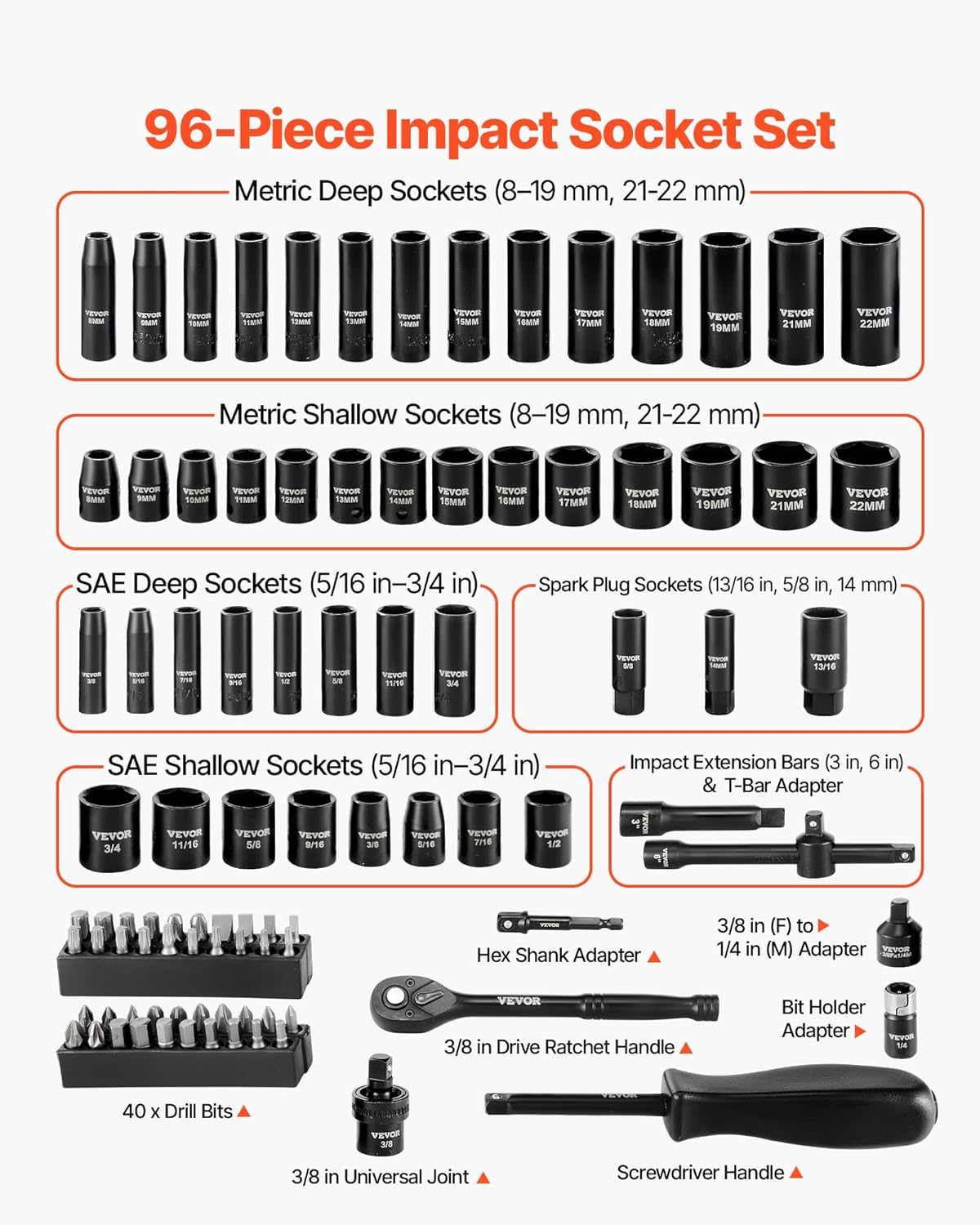 96 Pcs 3/8" Drive Impact Socket Wrench Set, SAE &amp; Metric, Universal Joint, Spark Plug Socket