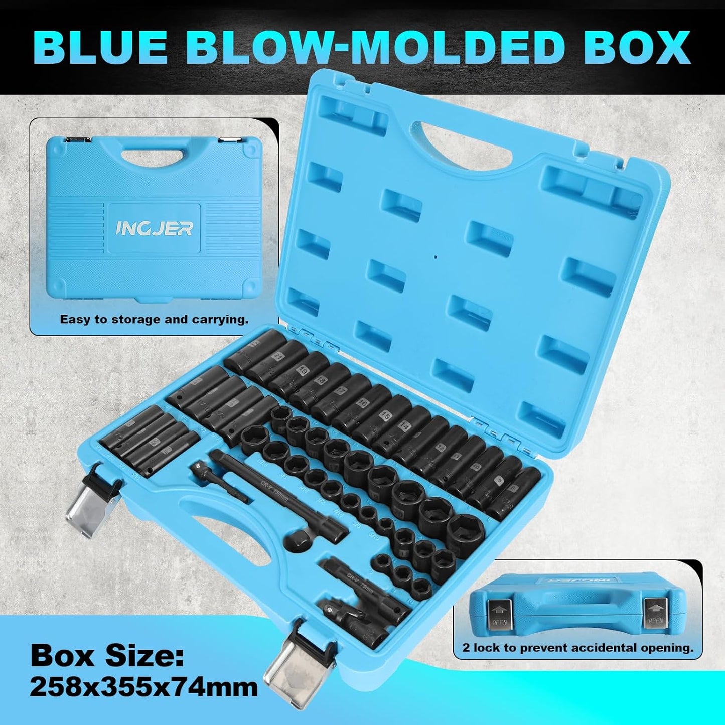 Impact Socket Set, 3/8 inch 50 Pcs, Standard SAE (5/16 to 3/4 inch) and Metric (8-22mm) 6 Point