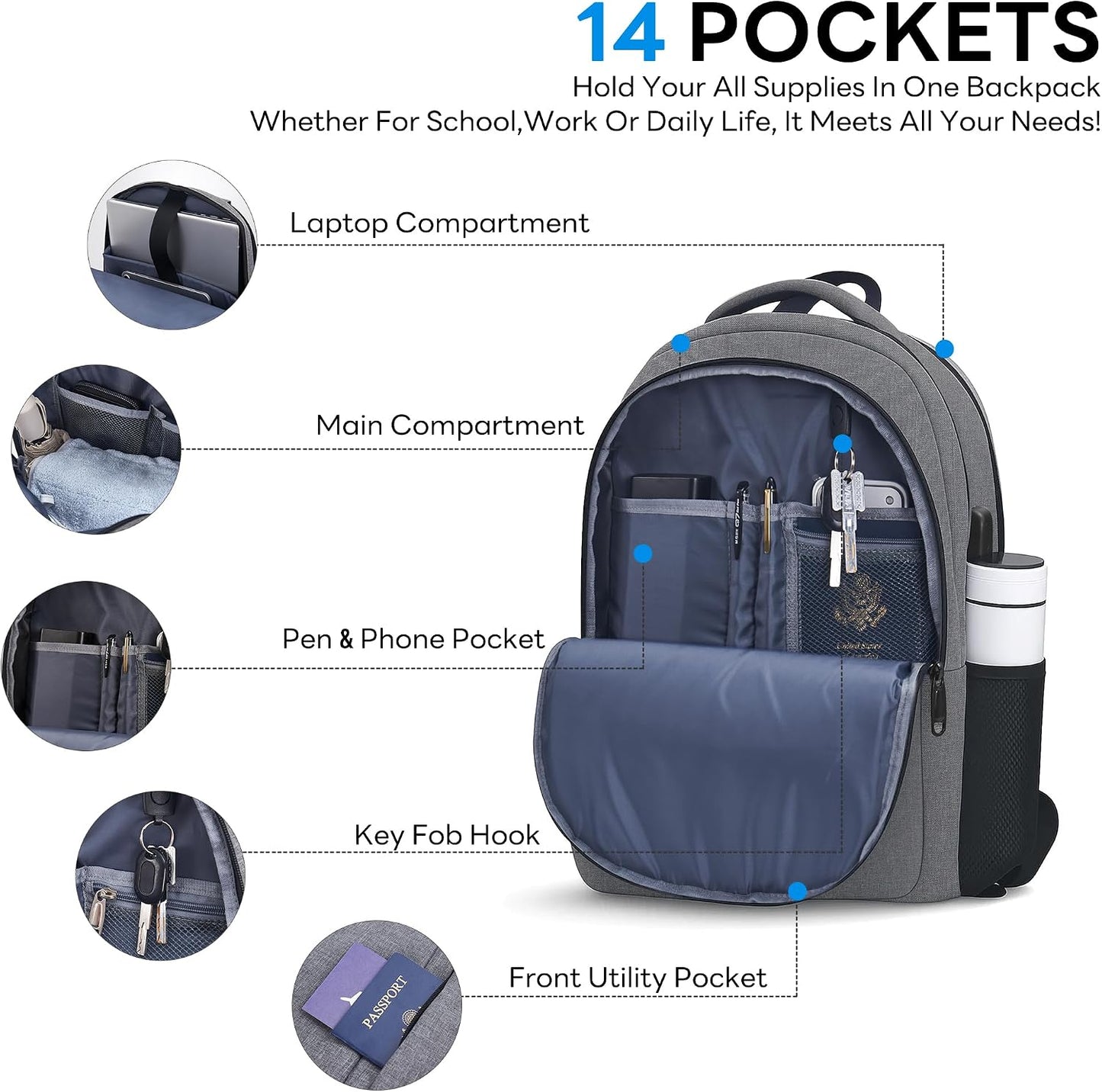 17 Inch Travel Laptop Backpack, Anti Theft &amp; USB Charging Port, Water Resistant Durable