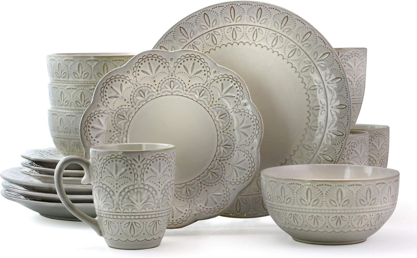 Elegant Round Embossed Stoneware high Class Dinnerware Dish Set, 16 Piece, White