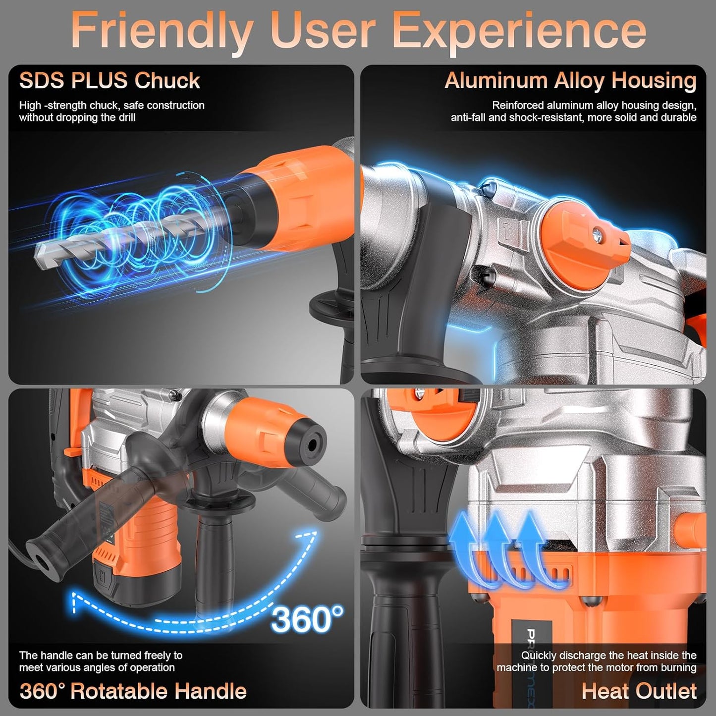 1-1/4 In SDS-Plus 13 Amp Heavy Duty Rotary Hammer Drill, Safety Clutch 3 Functions,VibrationControl