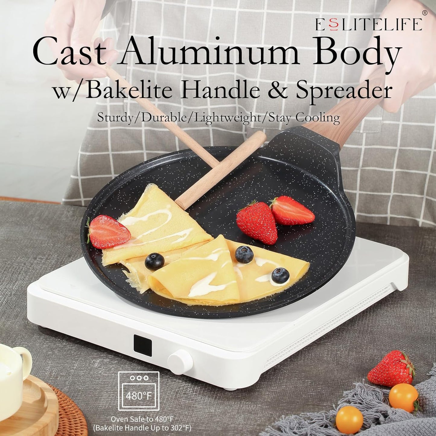 11 In Crepe Pan, Spreader, Nonstick Granite Coating, Induction Compatible, PTFE &amp; PFOA Free