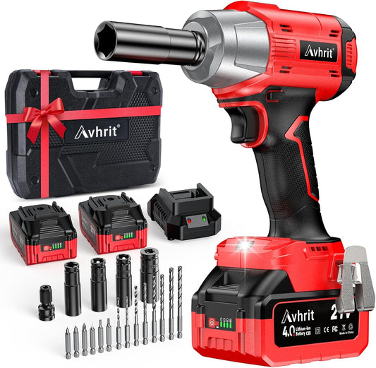 1/2In Cordless Impact Wrench, 480Ft-lbs (650N.m) Brushless, 3300RPM 2x 4000mAh Batteries, 4 Sockets