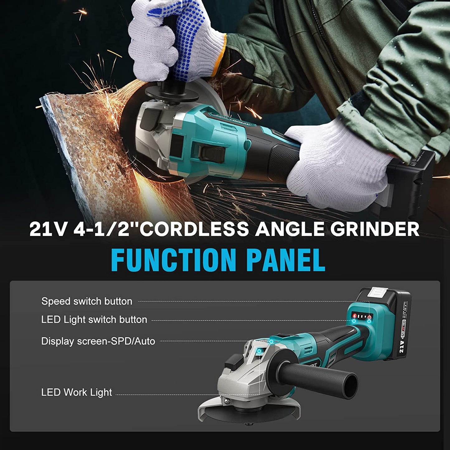 21V Cordless Angle Grinder, 2 X 4.0Ah Batteries, Fast Charger,9000RPM Brushless, 4-1/2''