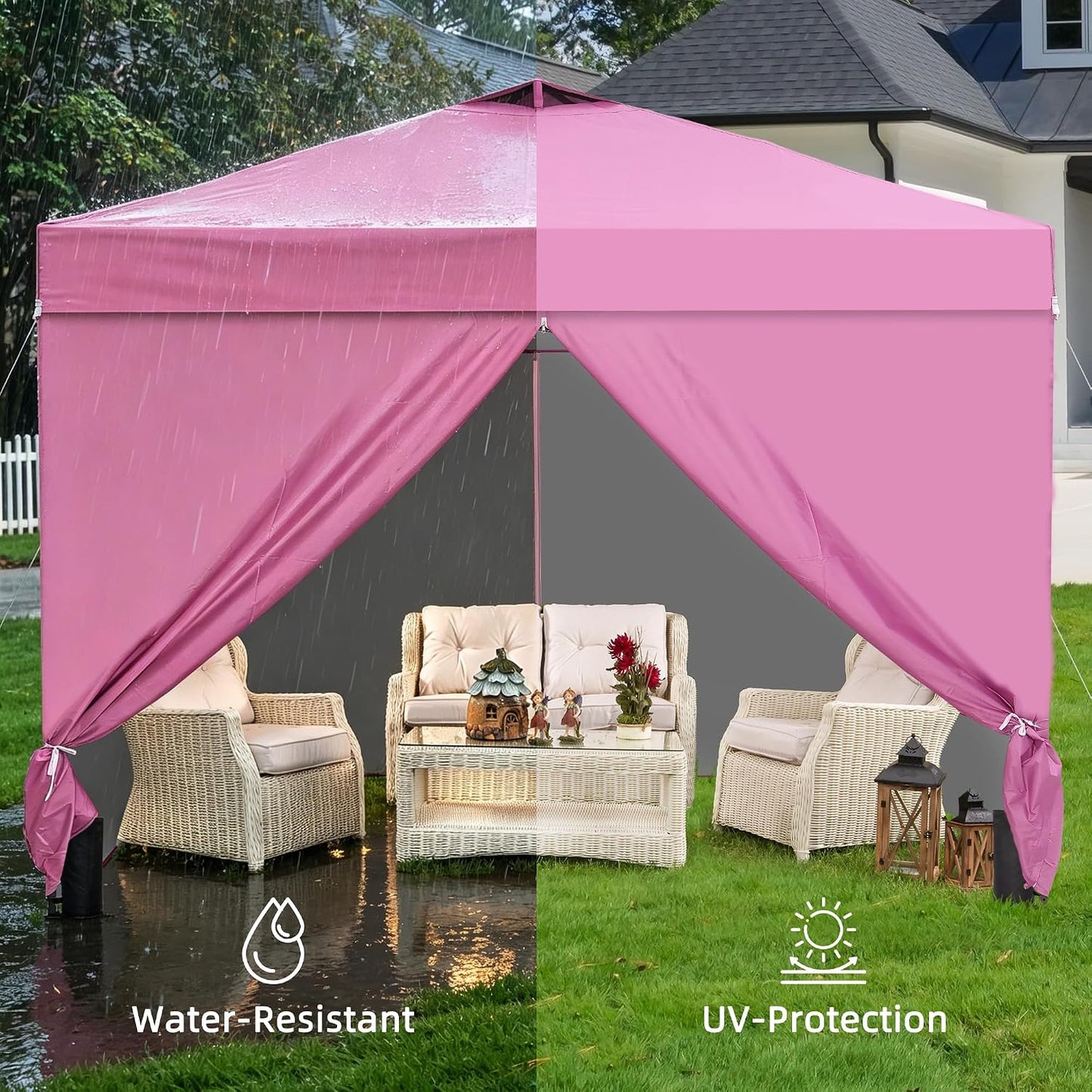 10x10FT Pop-Up Canopy Tent, 4-Side Walls &amp; Vented Top, Portable Outdoor, Pink.