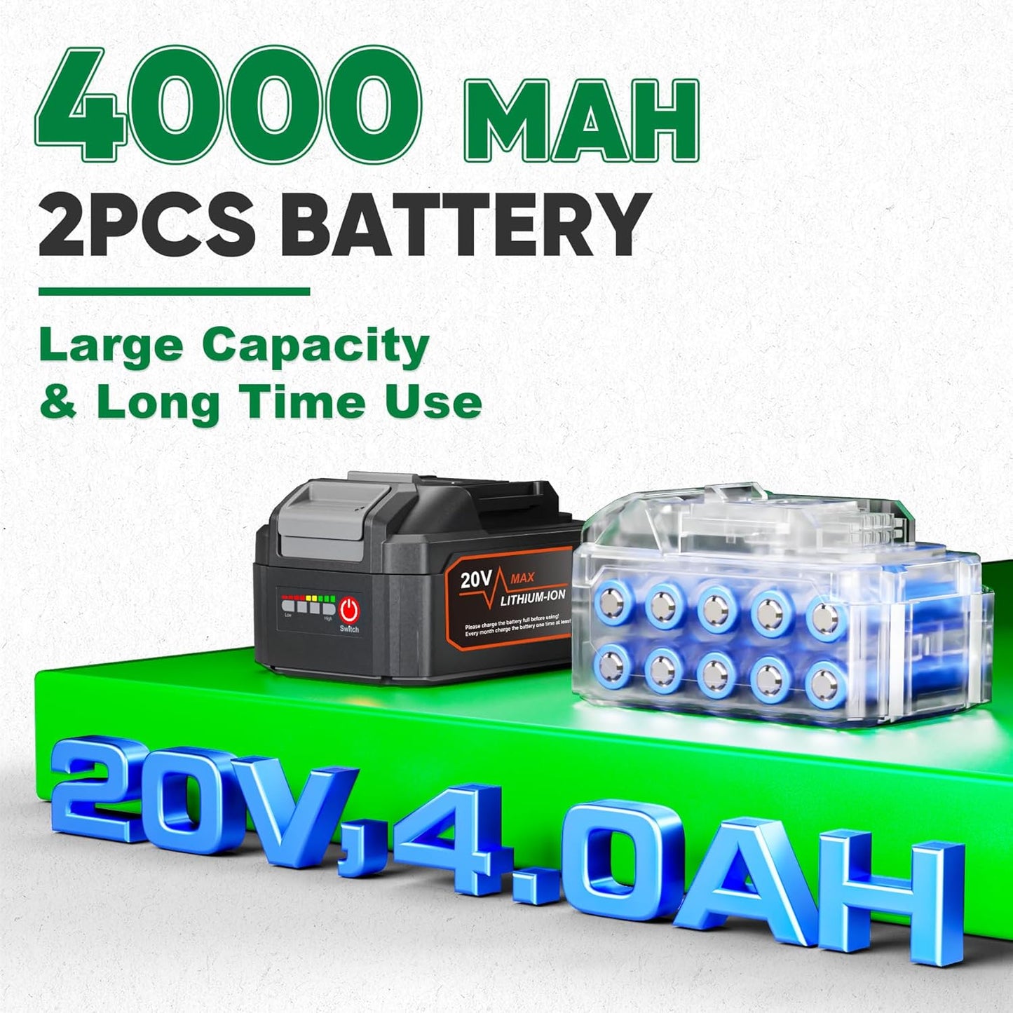 20V Cordless Battery Angle Grinder Tool 4-1/2In, Brushless 2x4.0Ah Batteries, 3 Variable Speed