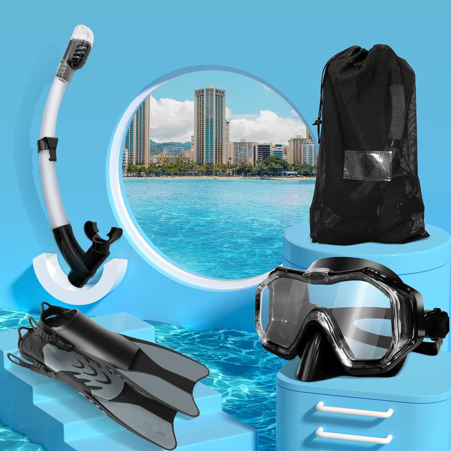 Snorkeling Gear,3 in 1 Mask Fins,180 View, Anti-Fog Anti-Leak, Dry Top Snorkel, Dive Flippers