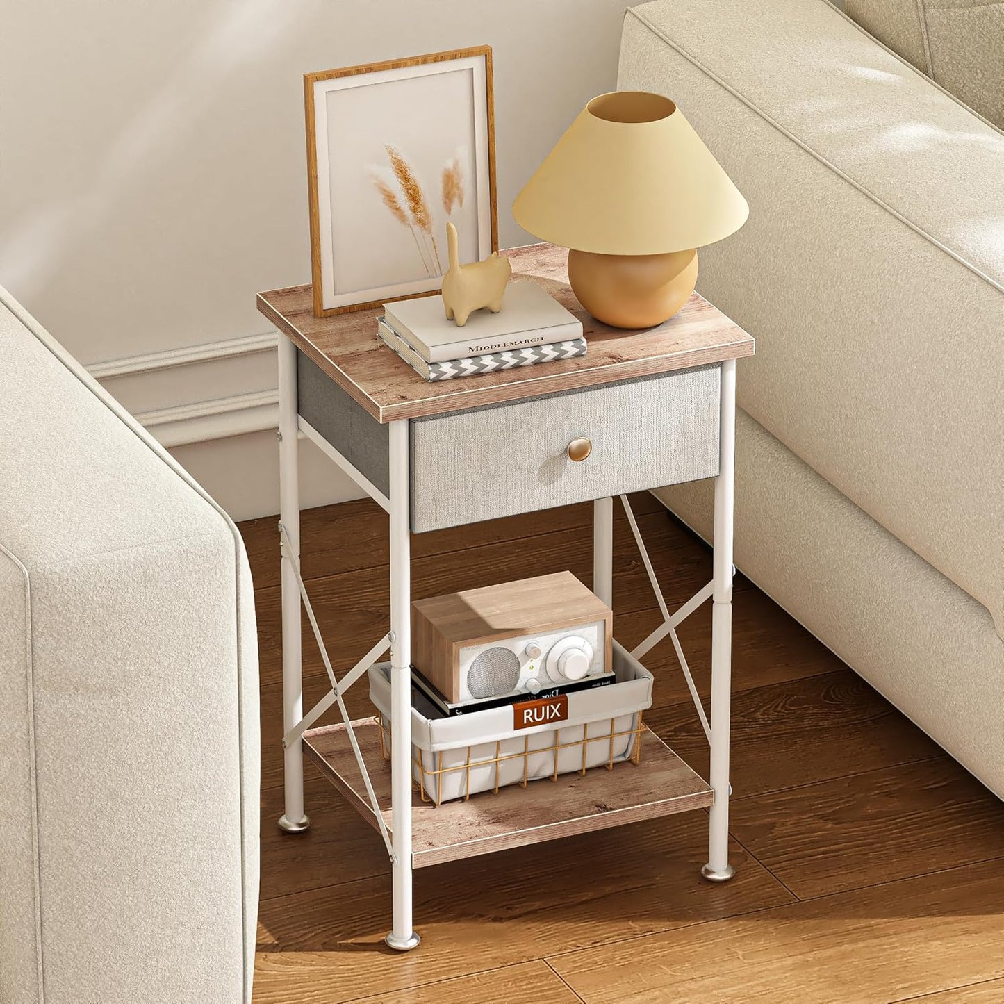 End Tables, Nightstand, Fabric Drawer &amp; Open Shelf, Industrial Metal Frame, Easy Assembly