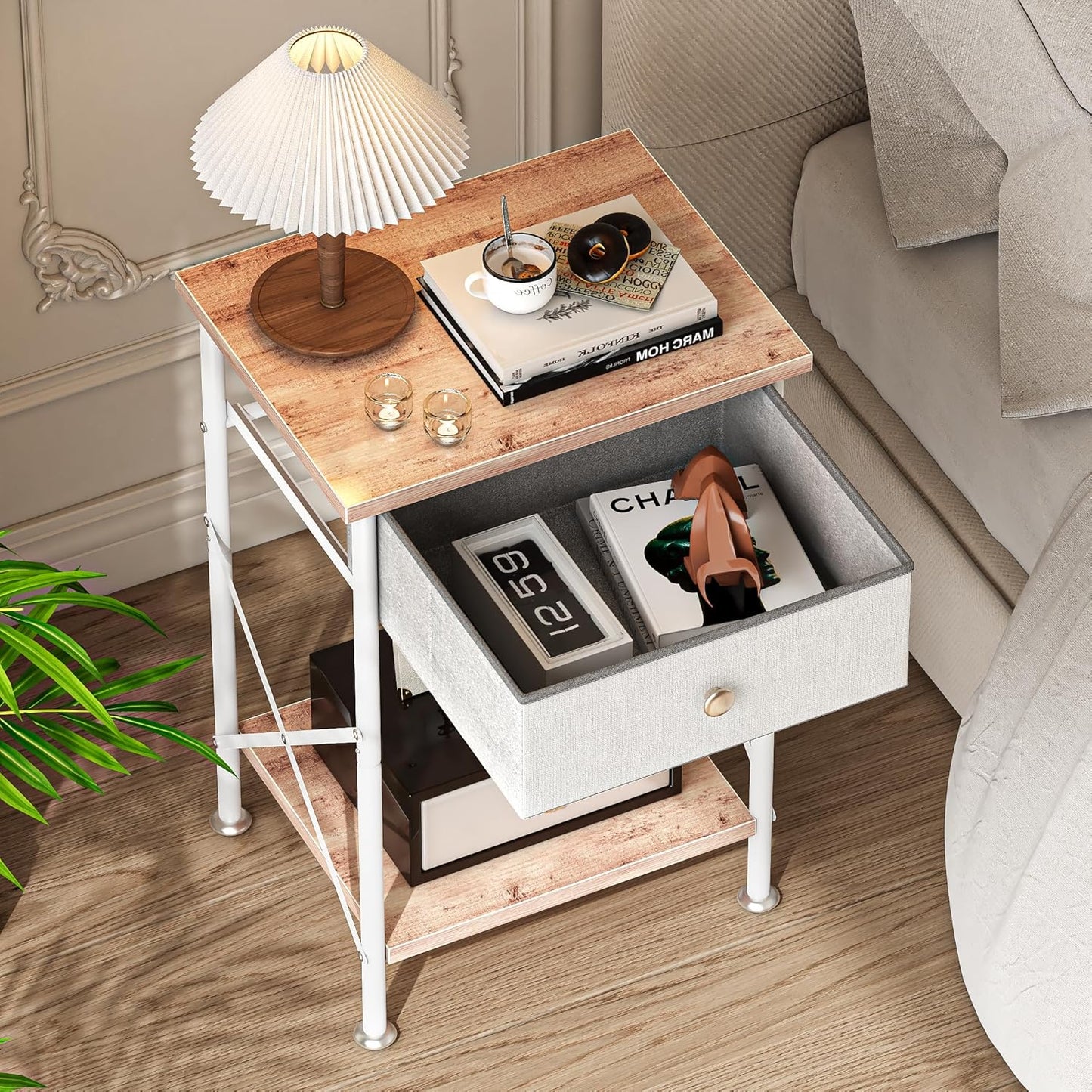 End Tables, Nightstand, Fabric Drawer &amp; Open Shelf, Industrial Metal Frame, Easy Assembly