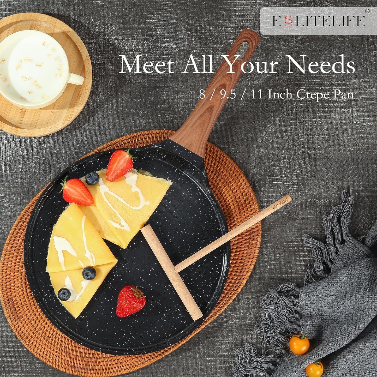 11 In Crepe Pan, Spreader, Nonstick Granite Coating, Induction Compatible, PTFE &amp; PFOA Free