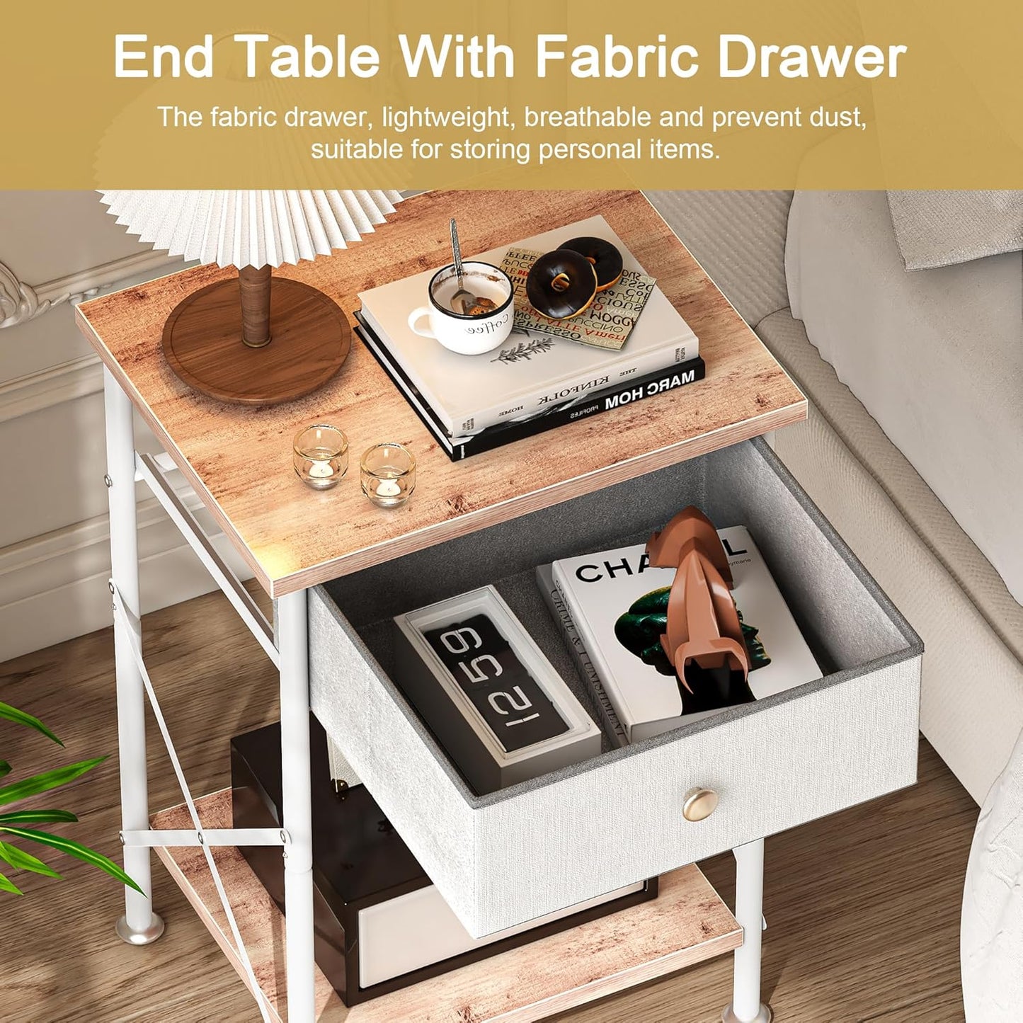 End Tables, Nightstand, Fabric Drawer &amp; Open Shelf, Industrial Metal Frame, Easy Assembly