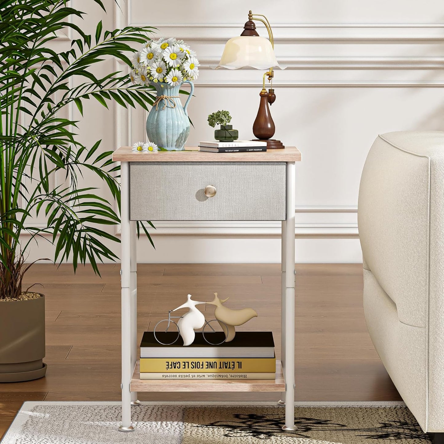 End Tables, Nightstand, Fabric Drawer &amp; Open Shelf, Industrial Metal Frame, Easy Assembly