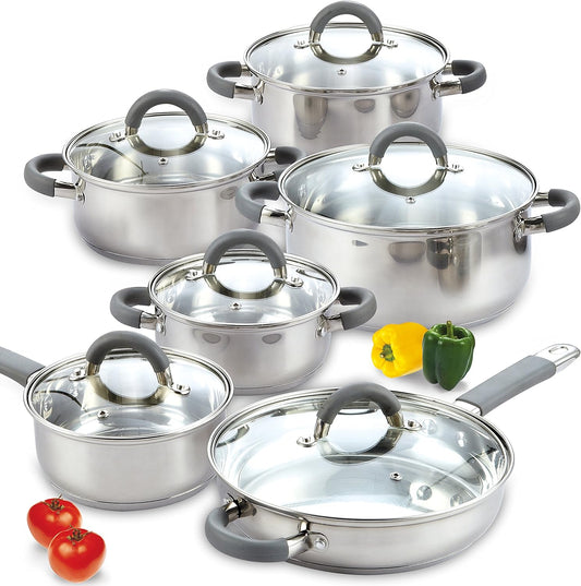 Cookware Basic Pots and Pans, 12 Piece set, Stainless Steel Grey Silicone Handle