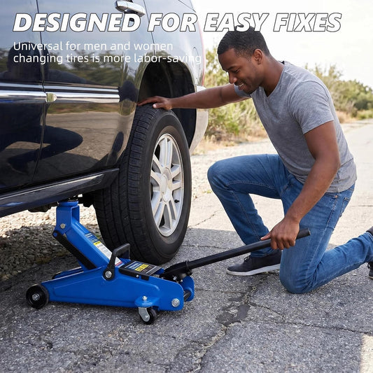2 Ton Low Profile Floor Jack, Tire Kit, Gloves & Bag, Steel jack, 5.3"-13" lift Overload valve