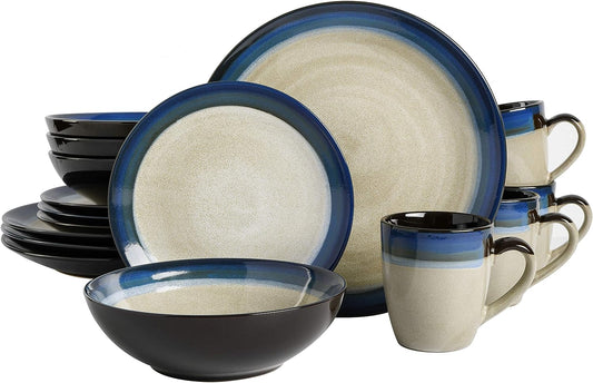 Stoneware Dinnerware Set, Service for 4 (16pcs), Blue & Cream, Oven Microwave Dishwasher safe