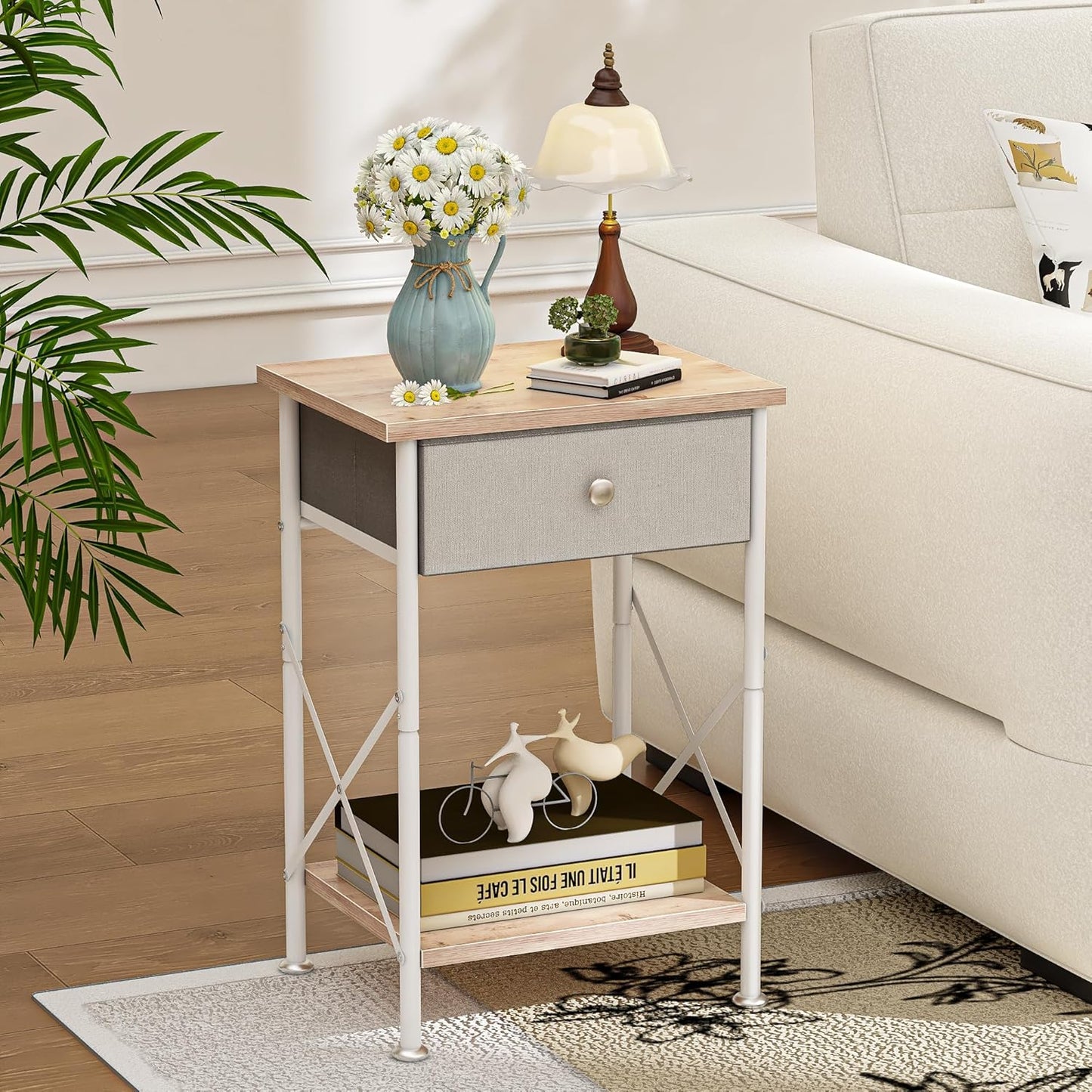 End Tables, Nightstand, Fabric Drawer &amp; Open Shelf, Industrial Metal Frame, Easy Assembly