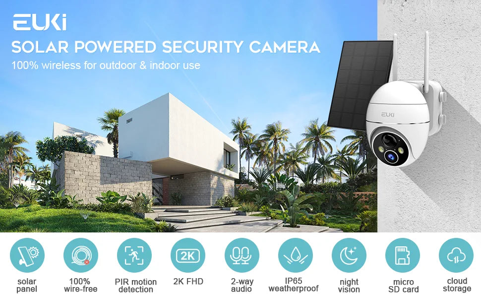 2K Solar Security Cameras Wireless 360° PTZ, 2.4Ghz, Night Vision, Motion Detector, 2-WayTalk, IP66