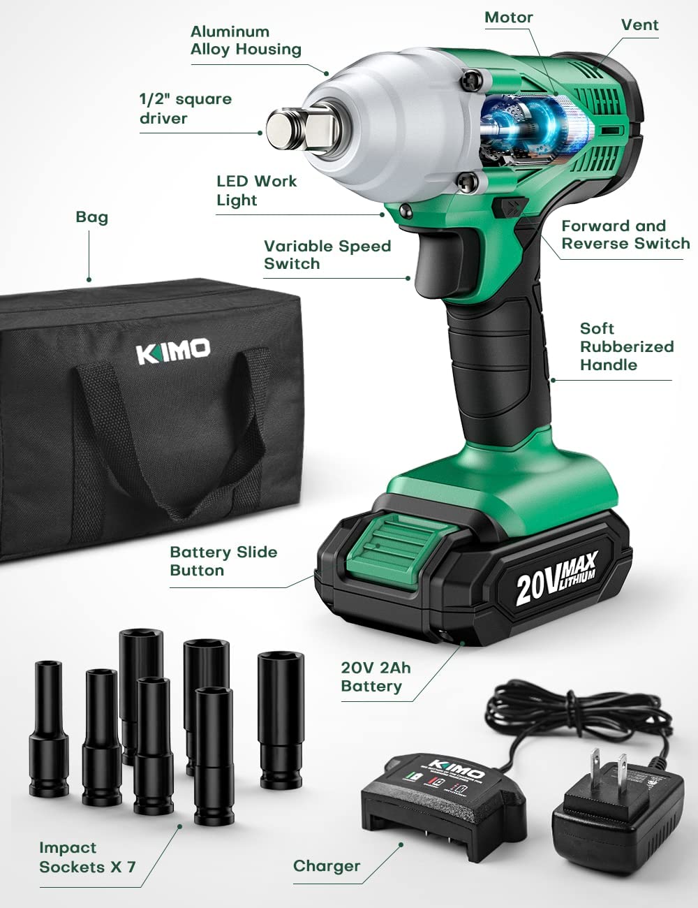 20V Cordless Impact Wrench1/2In,2000In-Lbs Torque3400 IPM,Charger＆2.0Ah Li-ion Battery,7Pcs Sockets
