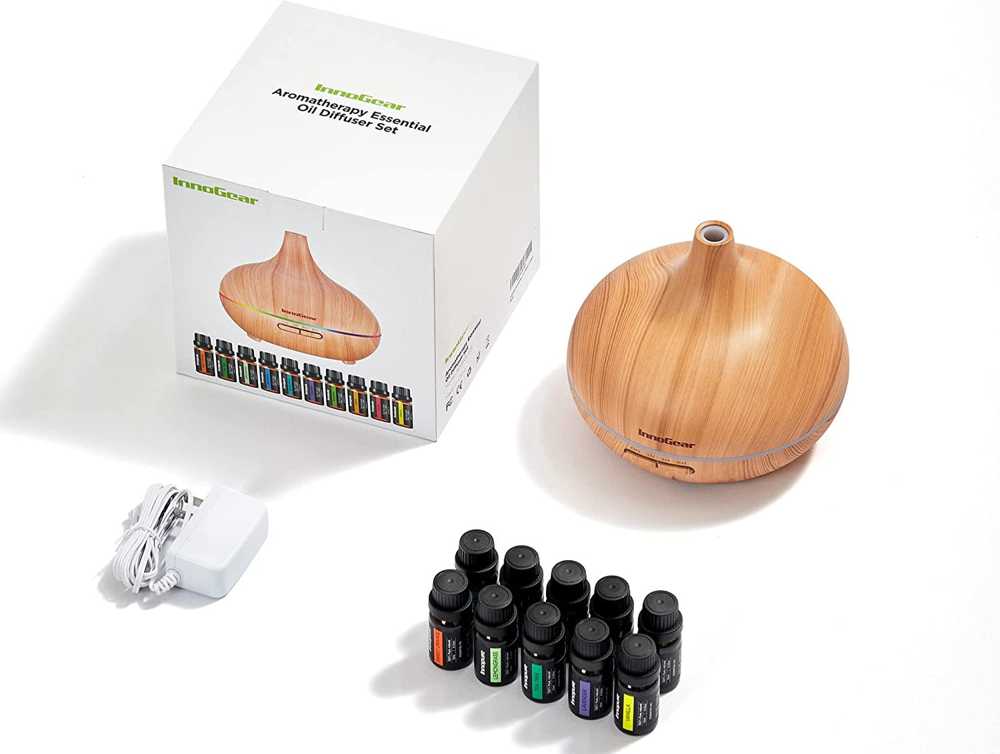 Aromatherapy Diffuser & 10 Essential Oils Set, 400ml, 4 Timers 7 Colors Light Auto Off