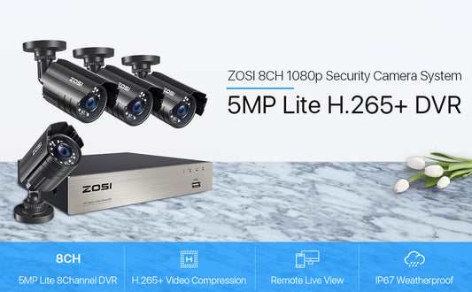 ZOSI SECURITY CAMERA SYSTEM - 8CH DVR & 4 CAMERAS 1080P FULL HD IP66 WATERPROOF | NIGHT VISION