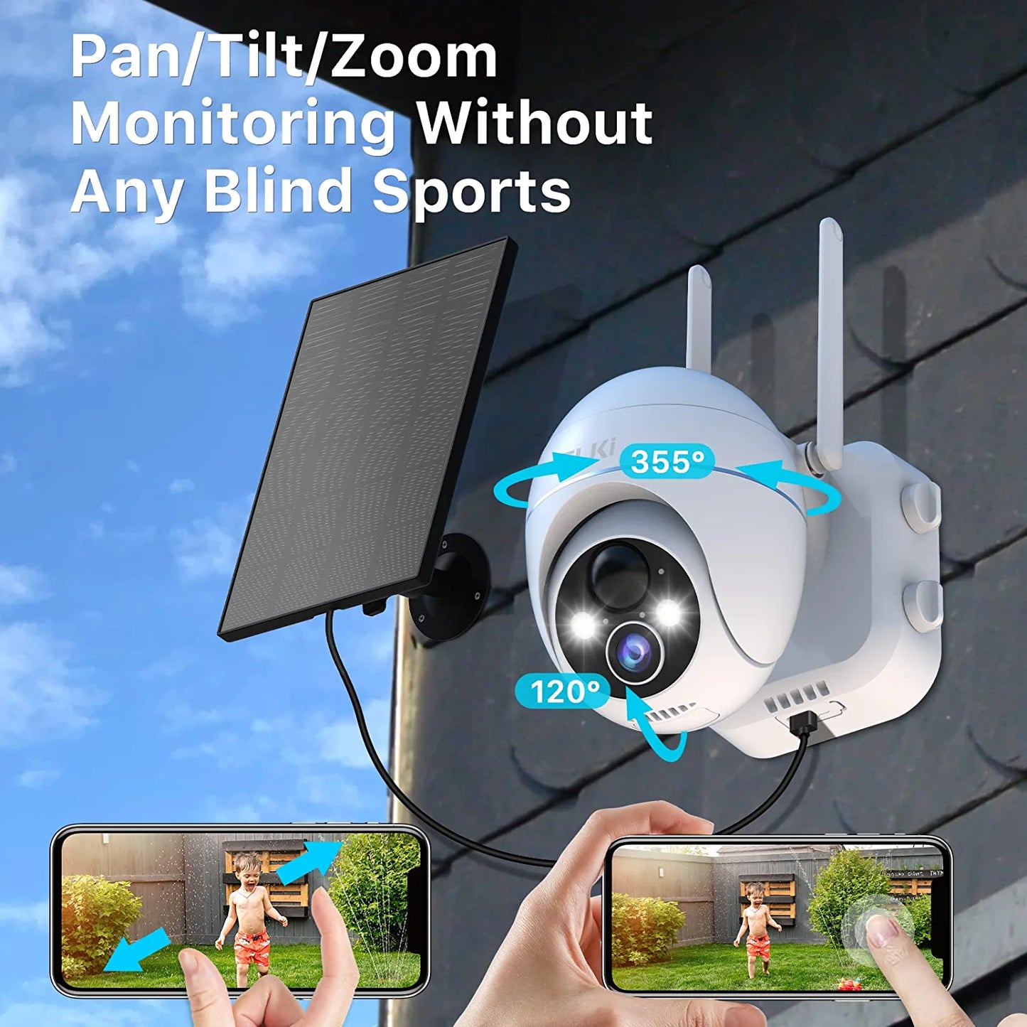 2K Solar Security Cameras Wireless 360° PTZ, 2.4Ghz, Night Vision, Motion Detector, 2-WayTalk, IP66