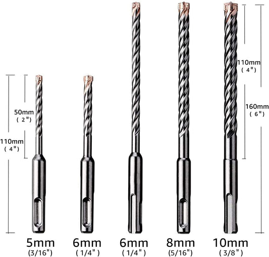 PGM Masonry Drill Bit Set 5PC SDS-Plus Hammer Drill Bits 4-Cutter Carbide Tips